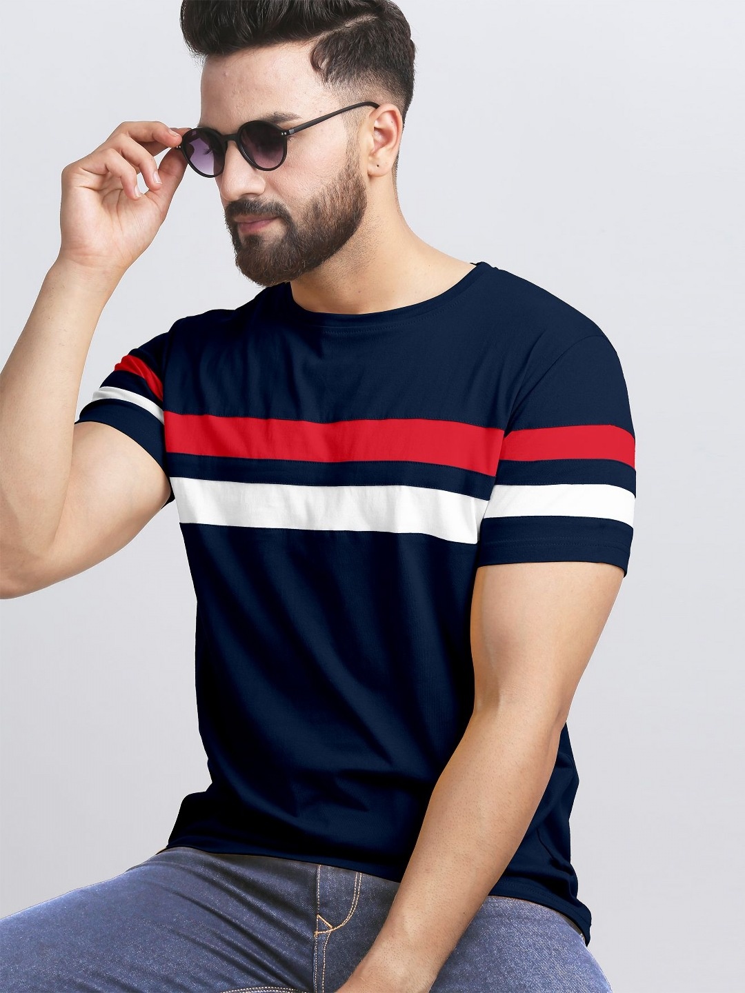 

AUSK Men Striped Round Neck Cotton T-shirt, Navy blue
