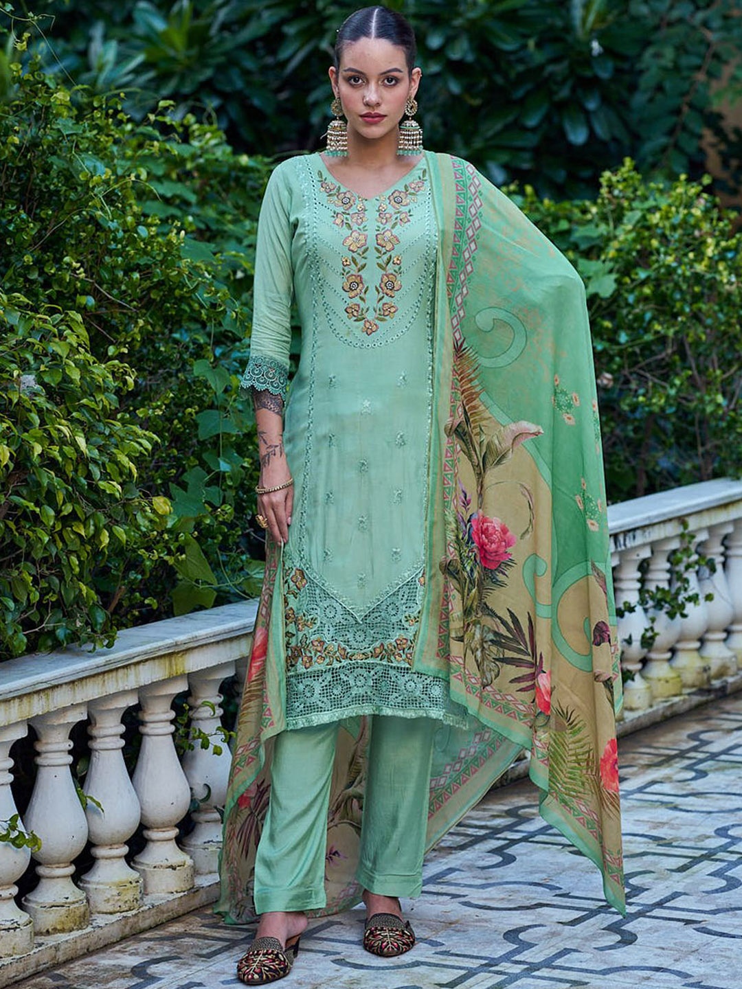 

Stylee LIFESTYLE Floral Embroidered Pure Silk Unstitched Dress Material, Green