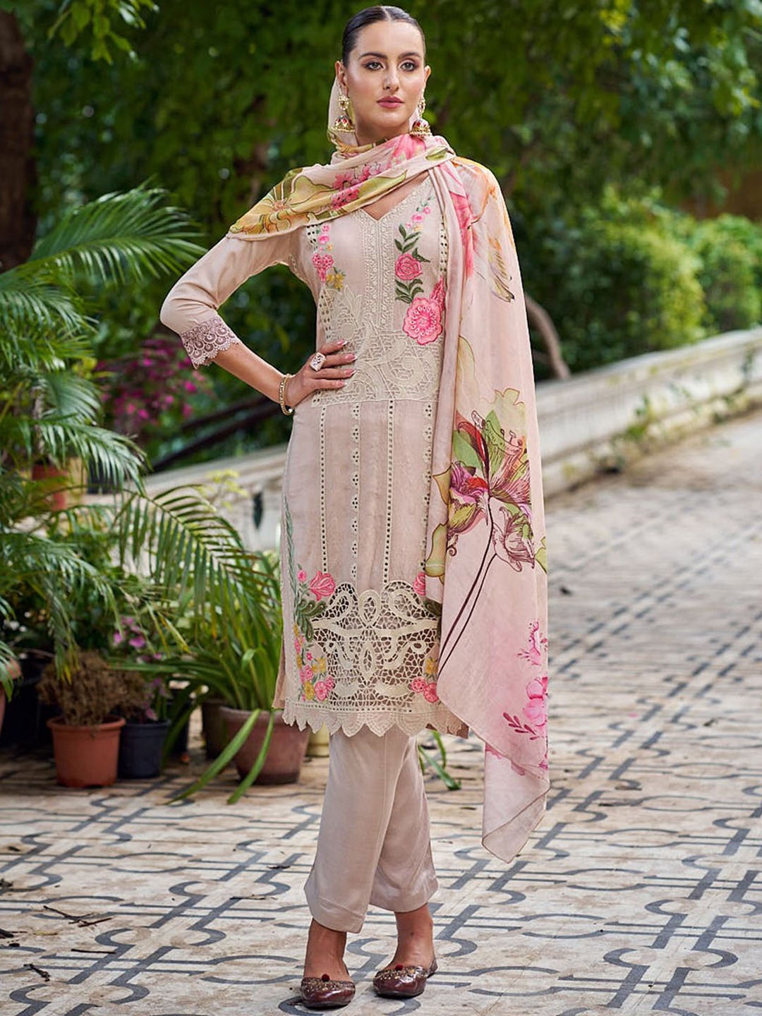 

Stylee LIFESTYLE Floral Embroidered Pure Silk Unstitched Dress Material, Beige