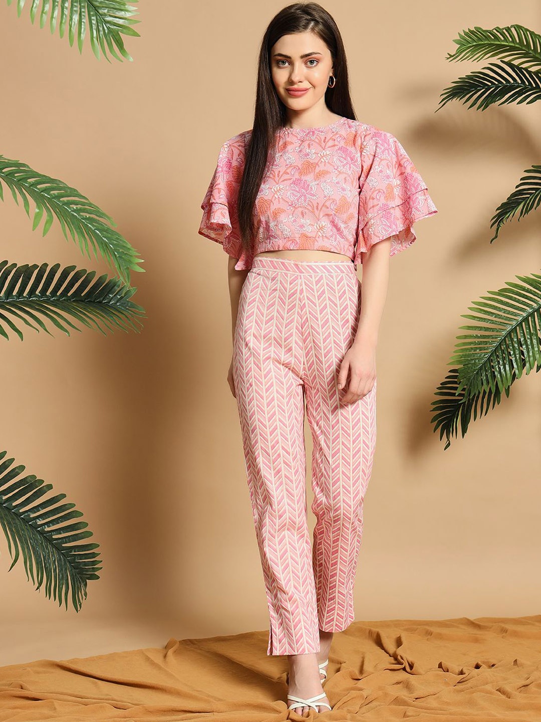 

Meeranshi Round Neck Printed Pure Cotton Crop Top With Trouser, Pink
