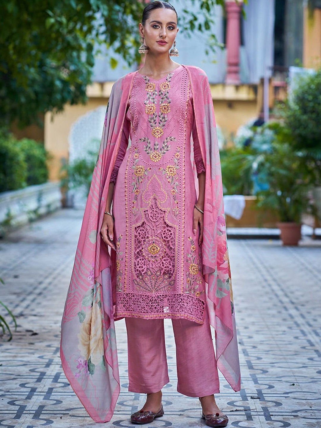 

Stylee LIFESTYLE Floral Embroidered Pure Silk Unstitched Dress Material, Pink