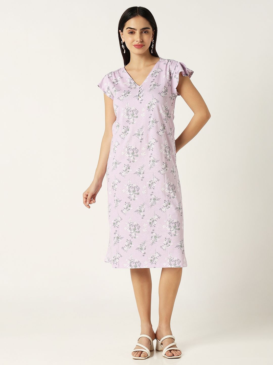 

R&B Women Floral Printed Pure Cotton Dress, Purple