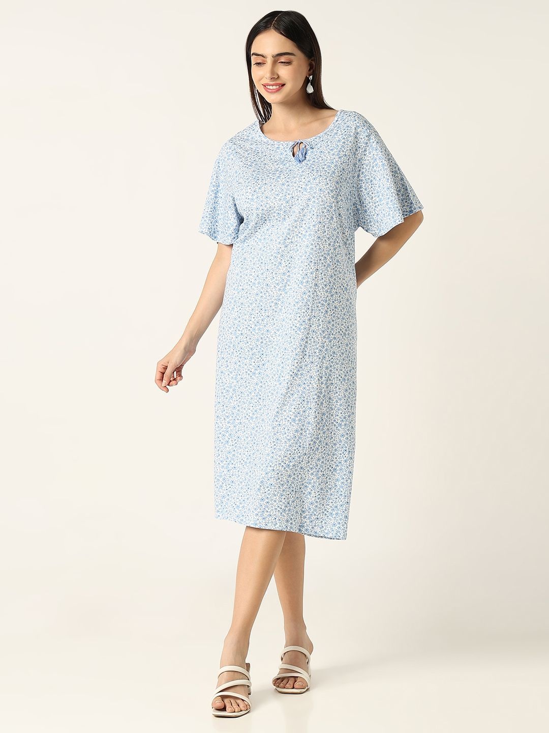 

R&B Women Pure Cotton Printed Nightdress, Blue