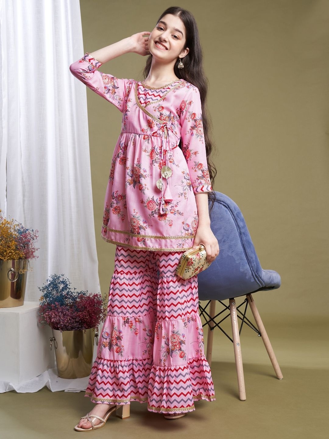 

CurlyTales Girls Floral Print Maxi Dress, Pink