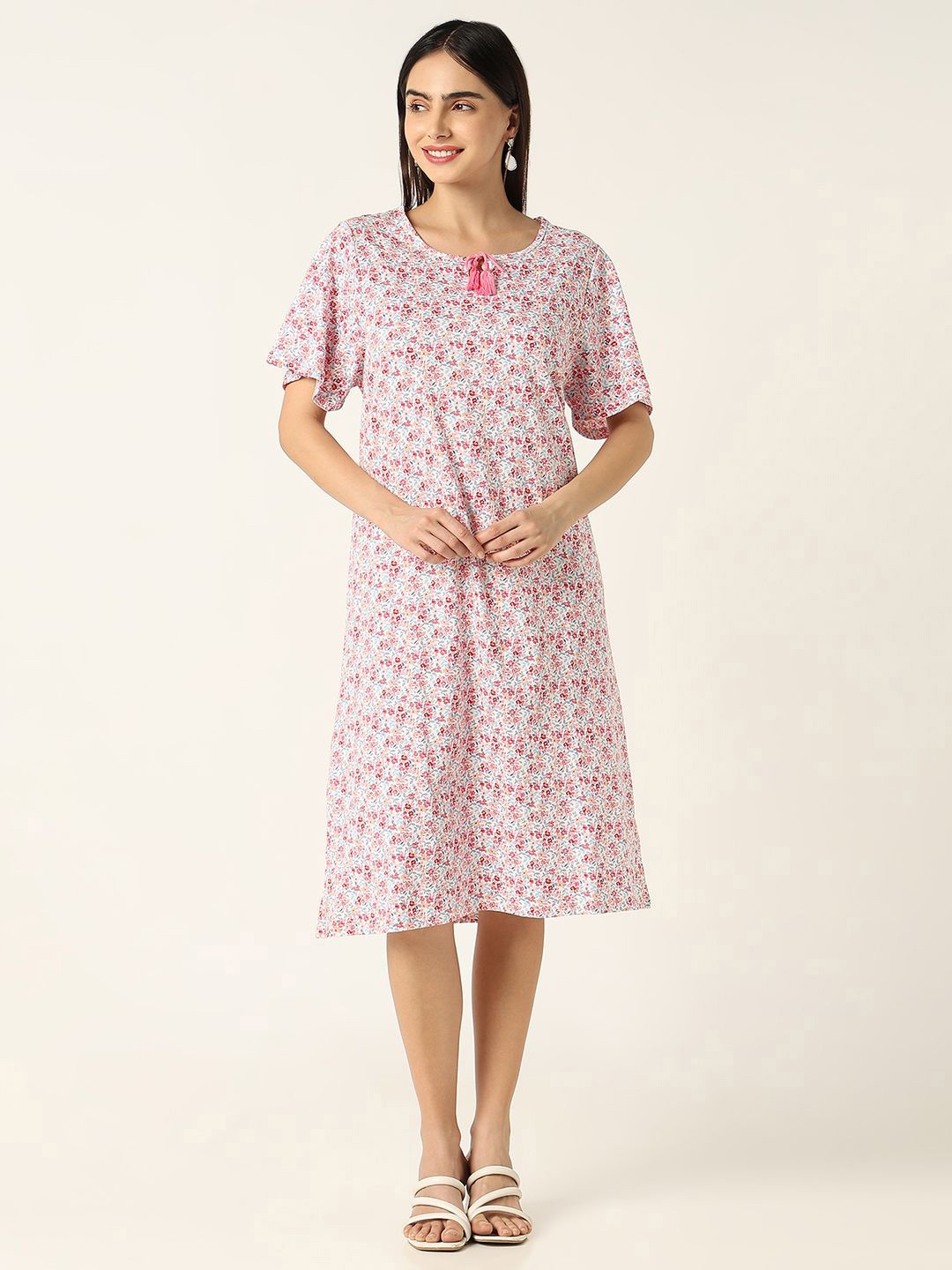 R&B Floral Printed Pure Cotton A-Line Dress, Pink