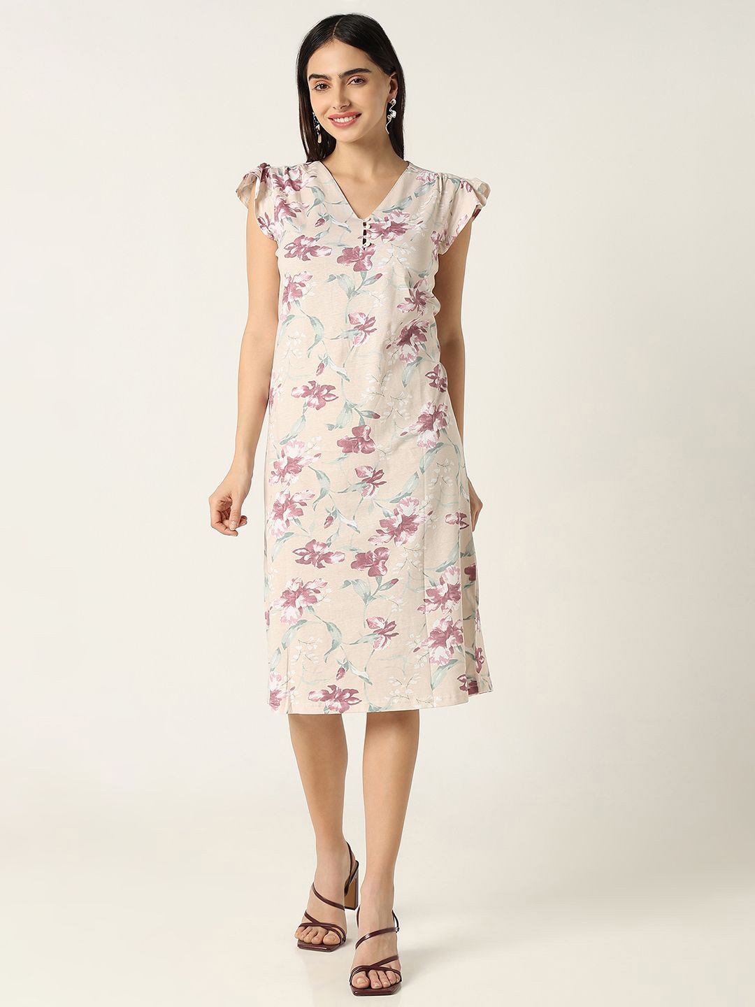 

R&B Women Pure Cotton Floral Printed A-Line Dress, Beige