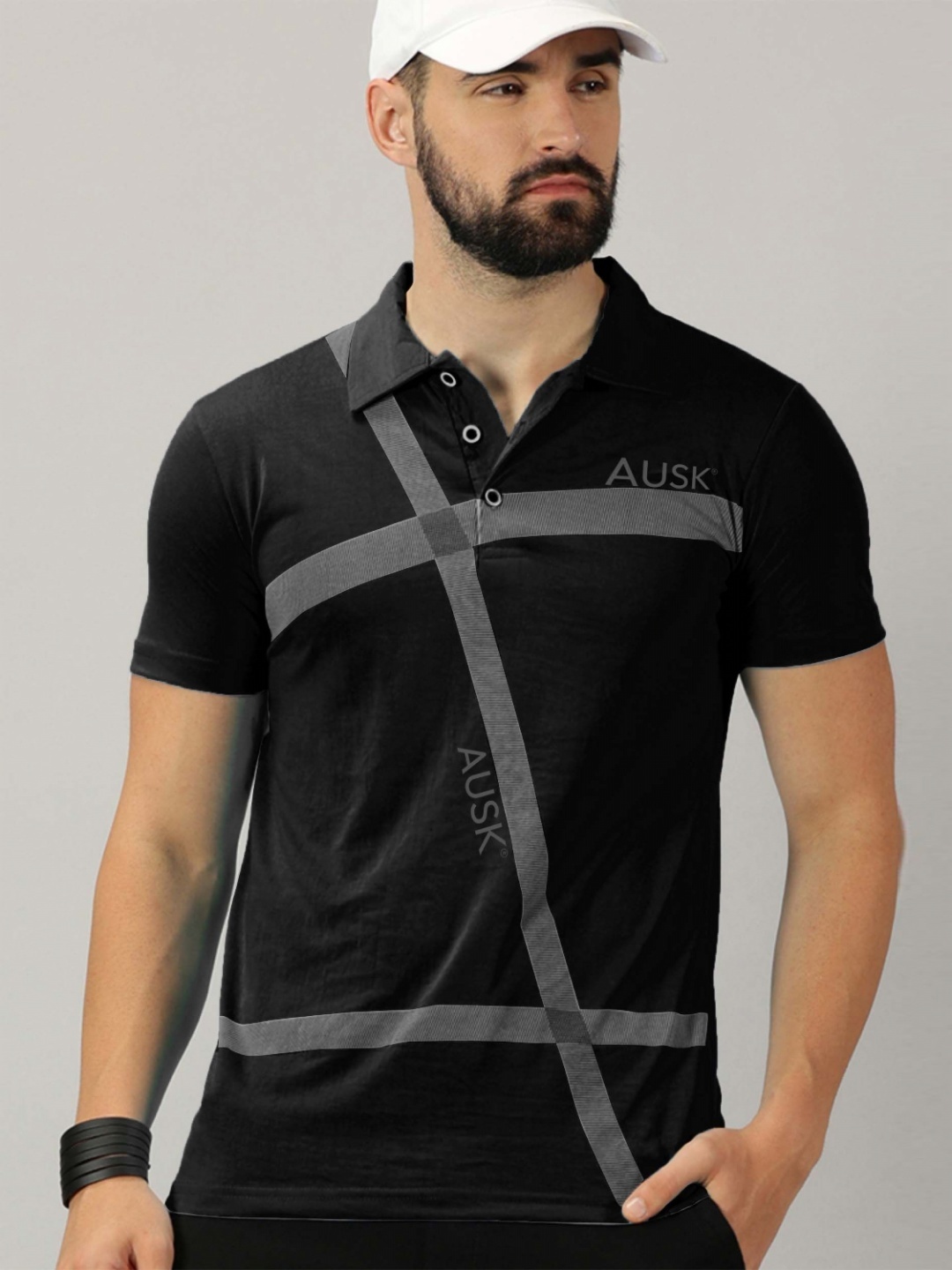 

AUSK Men Striped Polo Collar Cotton T-shirt, Black