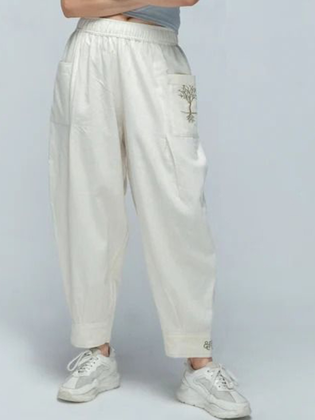 KSHM Unisex Abstract Embroidered Cotton Harem Pants, Off white