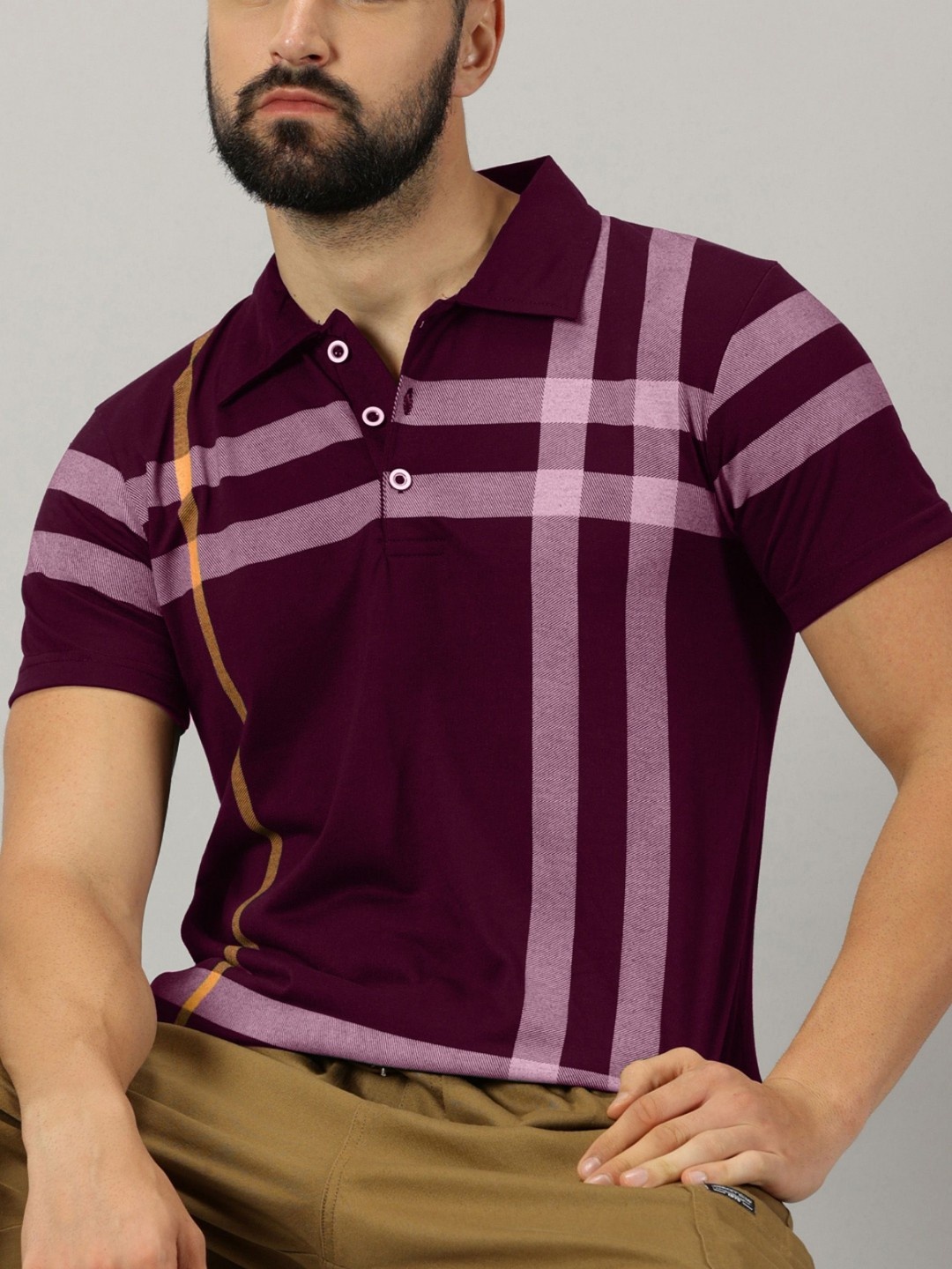 

AUSK Men Checked Polo Collar Cotton T-shirt, Burgundy