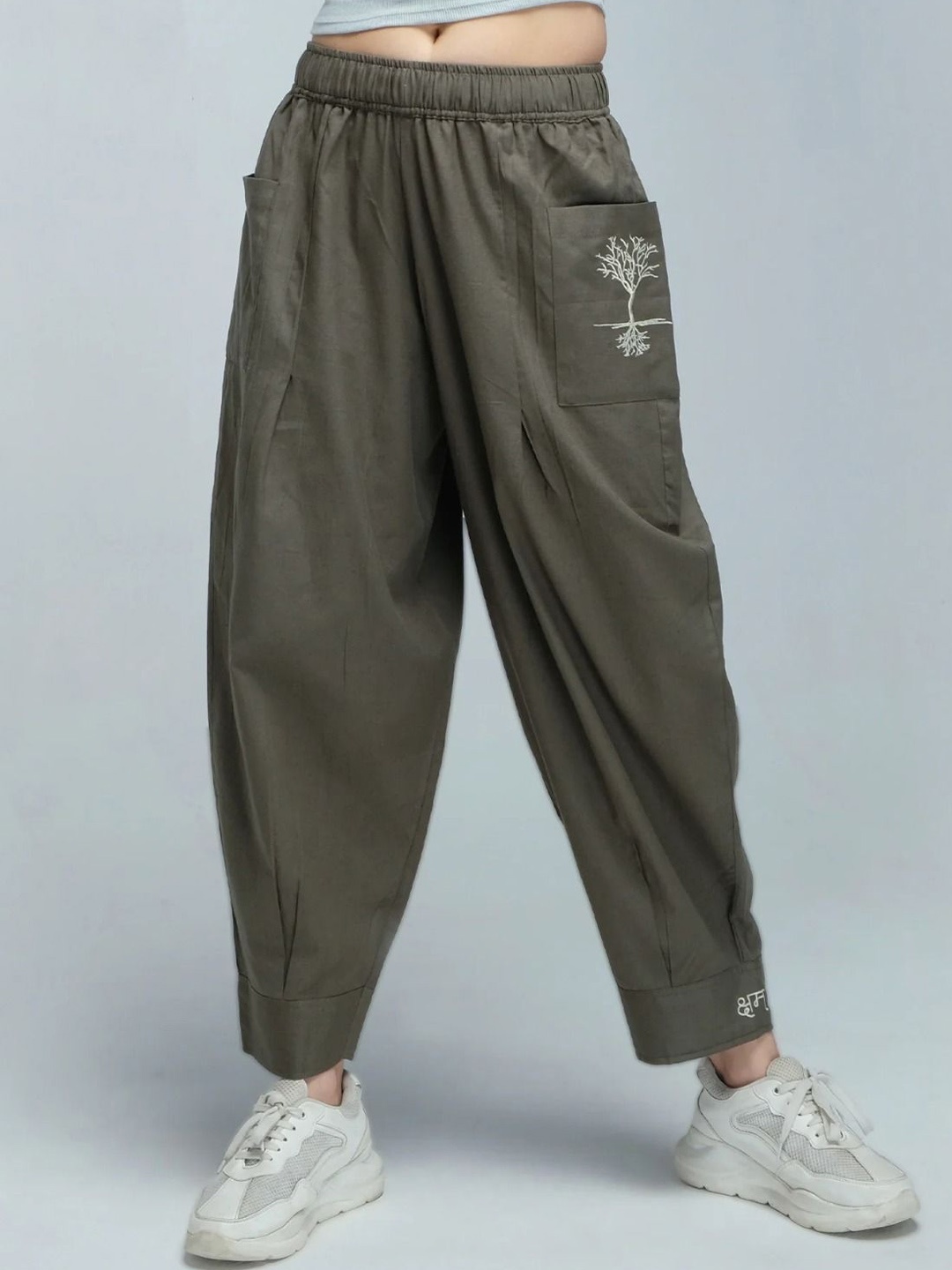 

KSHM Unisex Pure Cotton Embroidered Mid-Rise Loose Fit Harem Pants, Olive
