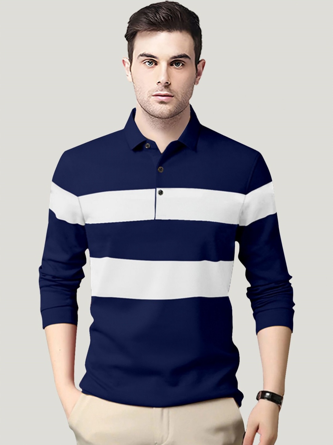 

AUSK Men Striped Polo Collar Cotton T-shirt, Navy blue