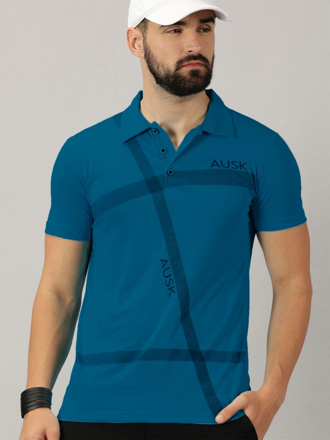 

AUSK Men Striped Polo Collar Cotton T-shirt, Teal