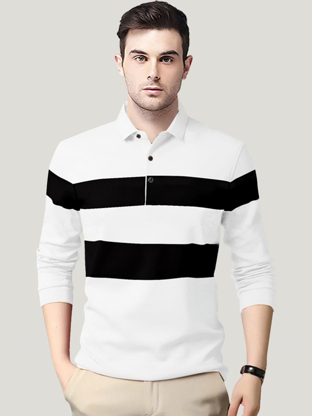 

AUSK Men Striped Polo Collar Cotton T-shirt, White