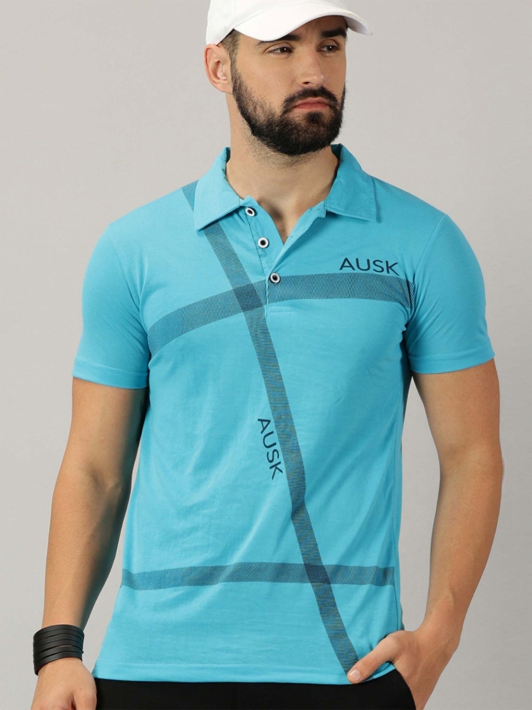 AUSK Men Striped Polo Collar Cotton T-shirt, Sea green