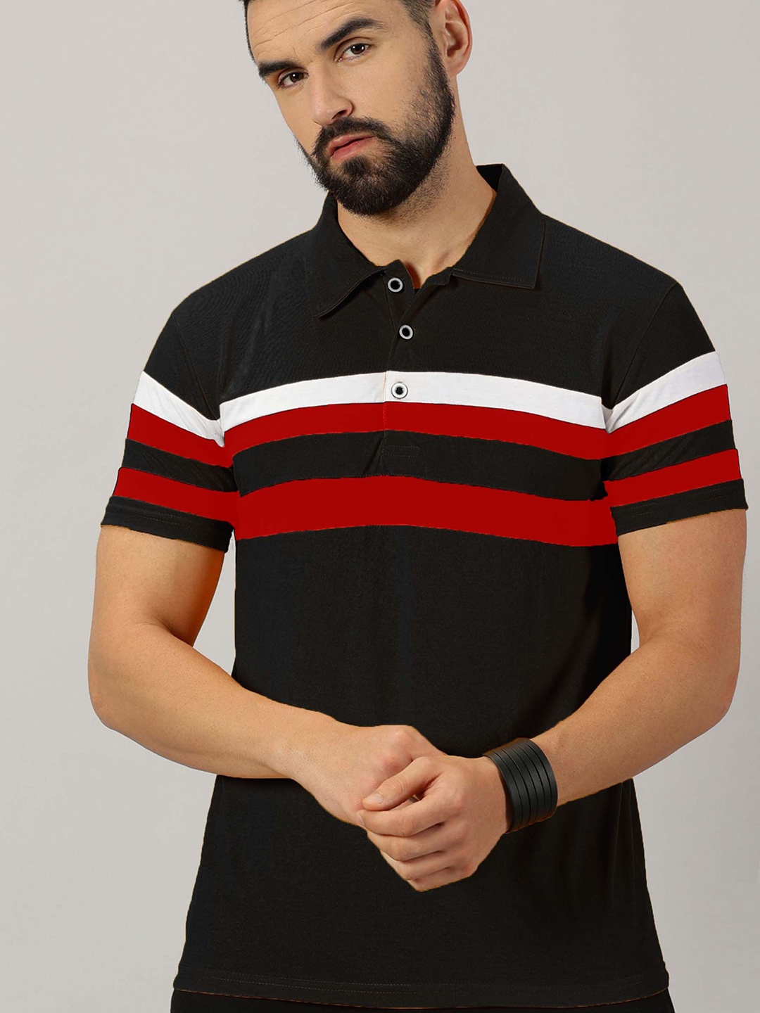 

AUSK Men Striped Polo Collar Cotton T-shirt, Black