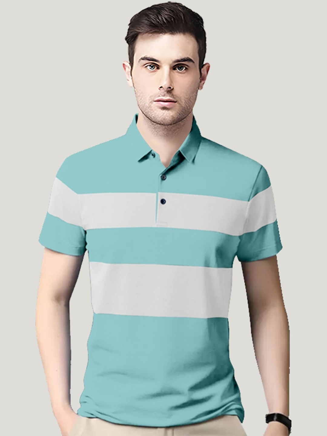 

AUSK Men Striped Polo Collar Cotton T-shirt, Sea green