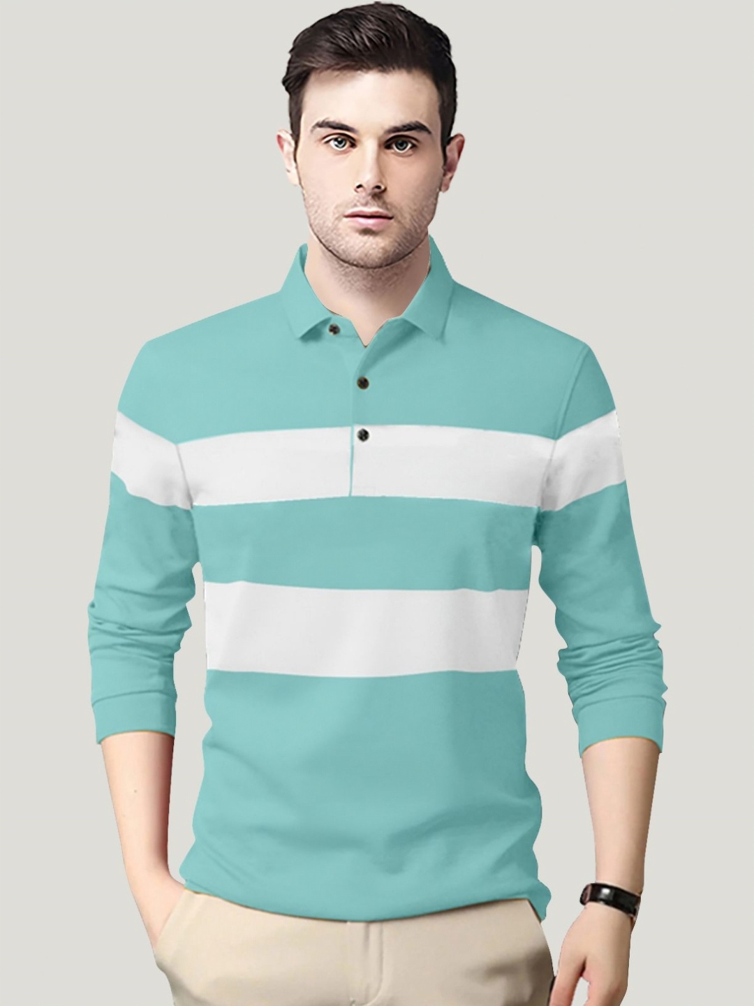 

AUSK Men Striped Polo Collar Cotton T-shirt, Sea green