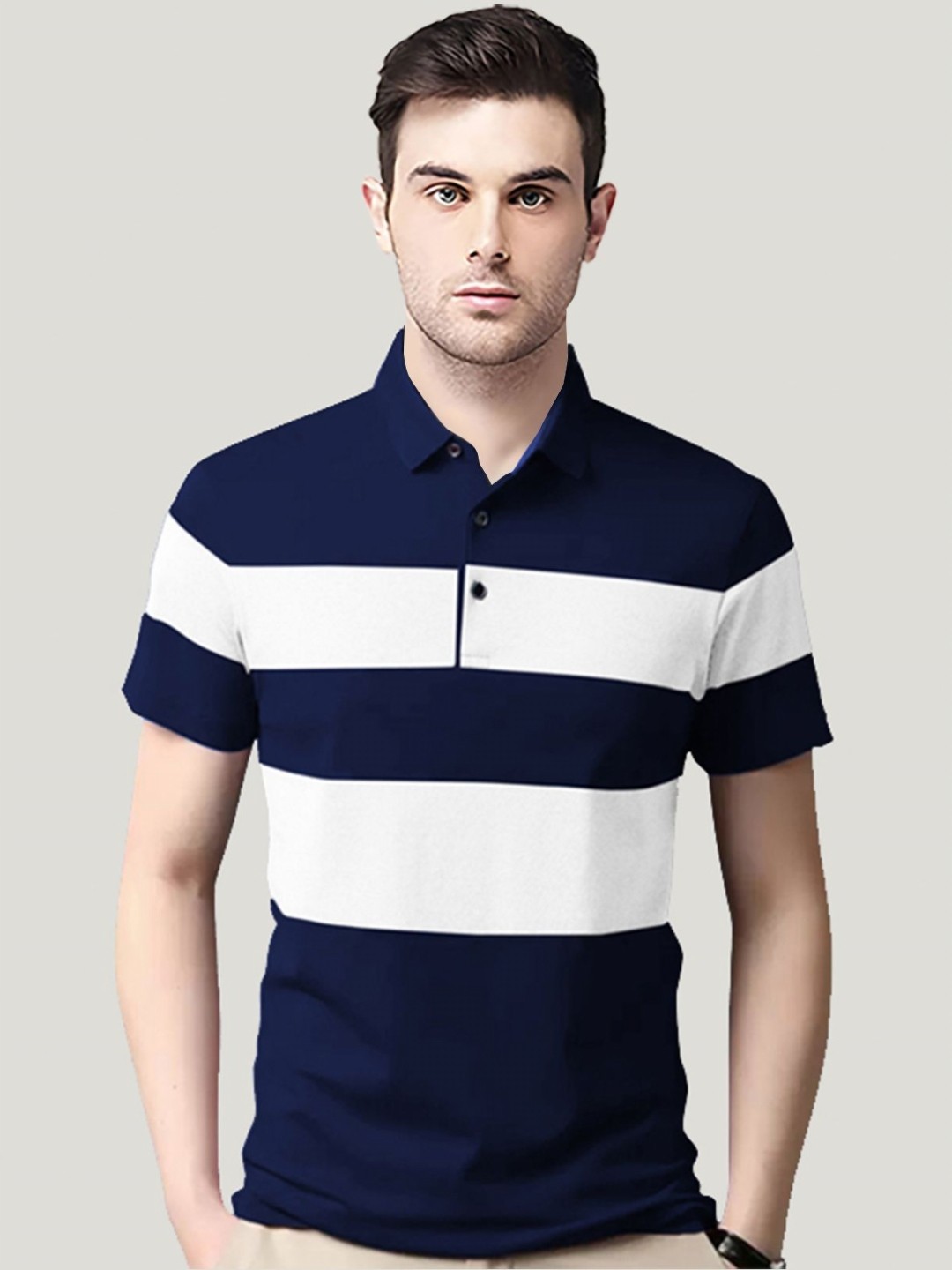 

AUSK Men Striped Polo Collar Cotton T-shirt, Navy blue