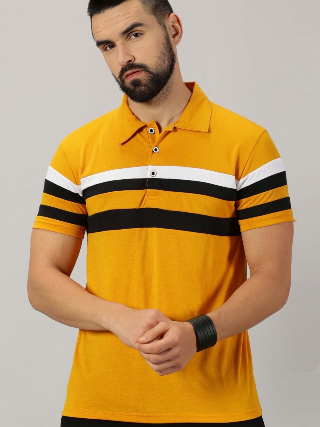 

AUSK Men Striped Polo Collar Cotton T-shirt, Mustard