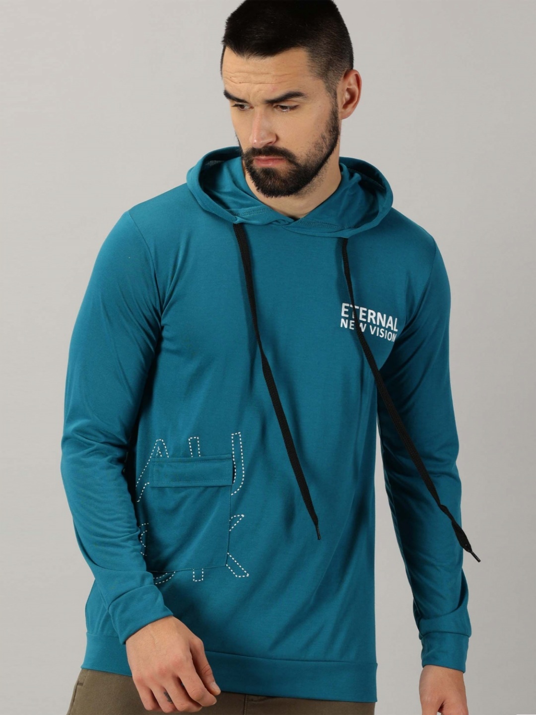 

AUSK Men Hooded Typography Printed Full Sleeve Casual T-shirt, Teal
