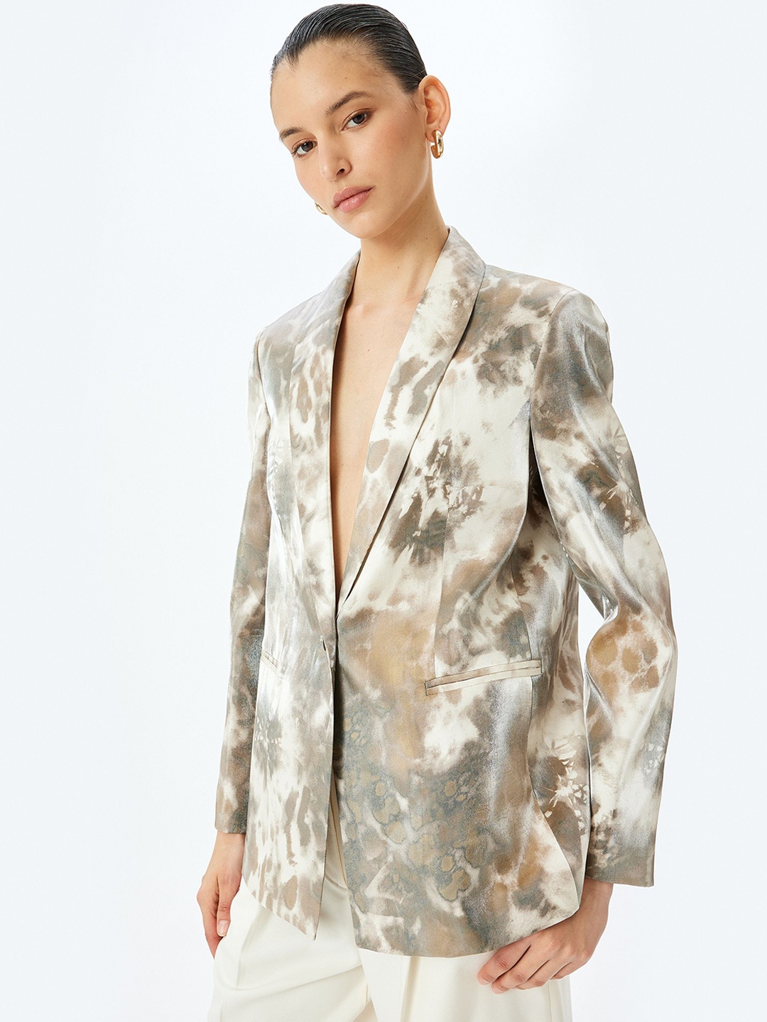 Koton Printed Shawl Collar Single Breasted Blazers, Beige