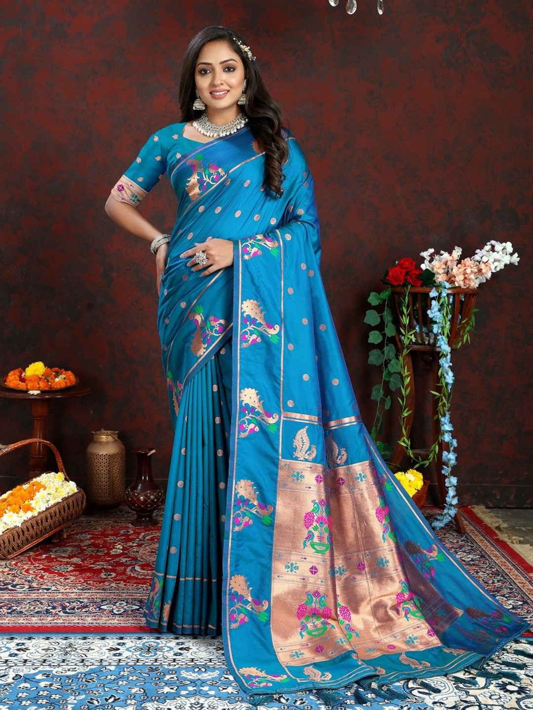 

VARNI FABRICS Ethnic Motifs Woven Design Pure Silk Banarasi Saree, Blue