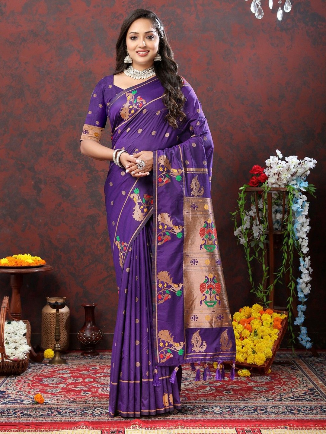 

VARNI FABRICS Ethnic Motifs Woven Design Pure Silk Banarasi Saree, Purple