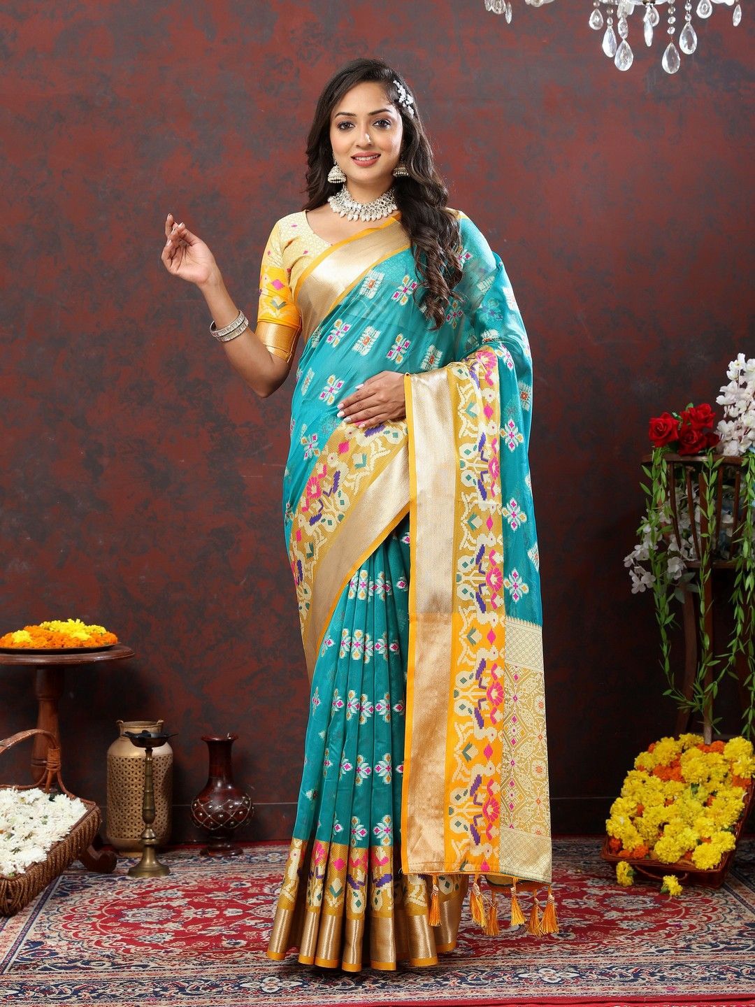 

VARNI FABRICS Woven DesignPure Silk Banarasi Saree, Turquoise blue