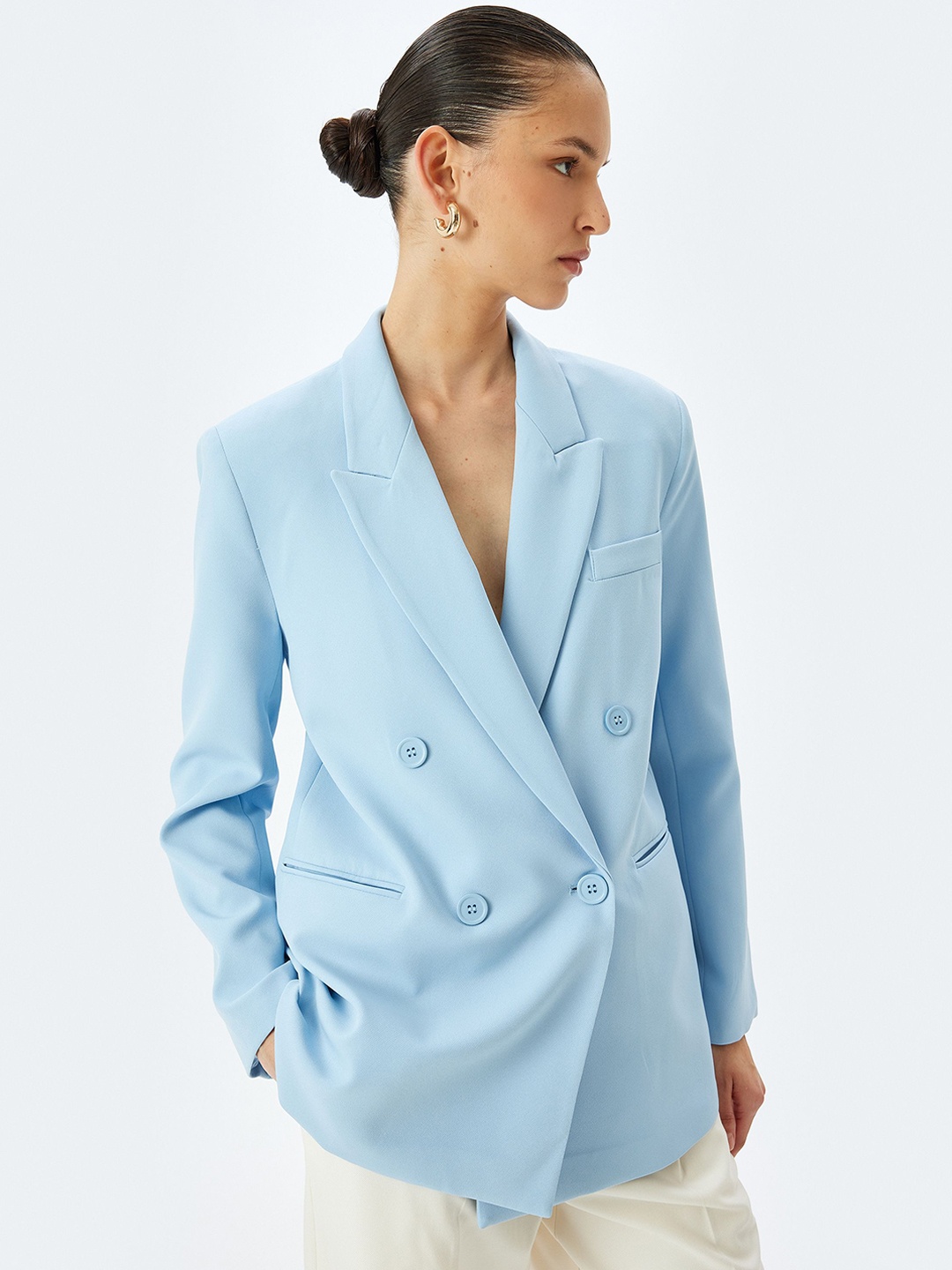

Koton Notched Lapel Oversized Double Breasted Blazers, Blue
