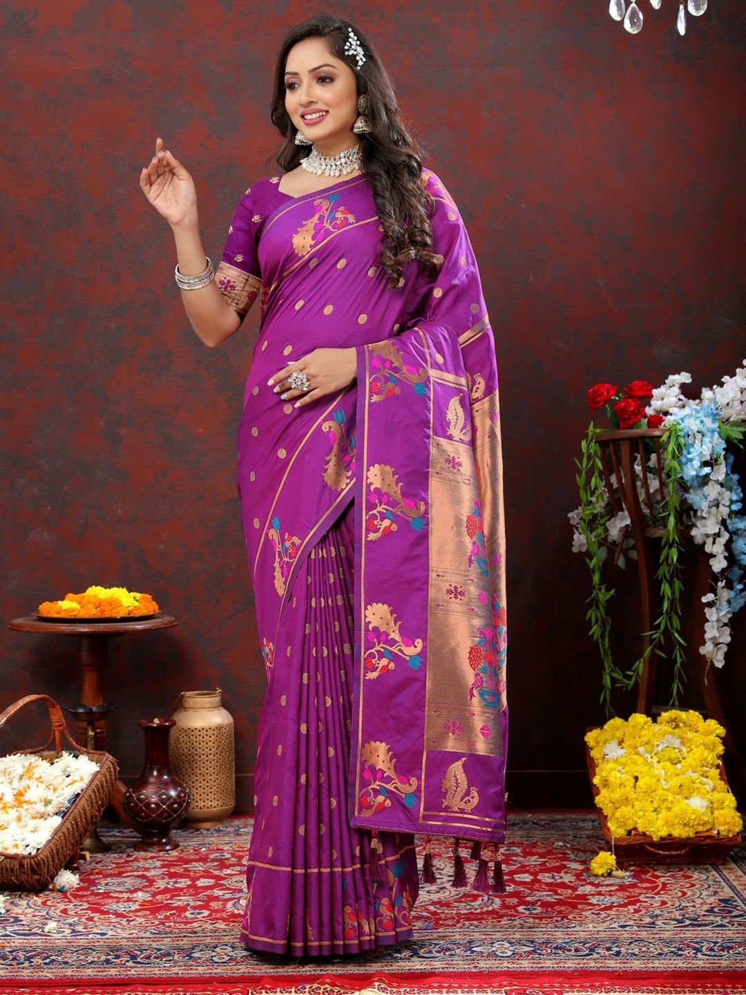 

VARNI FABRICS Ethnic Motifs Pure Silk Banarasi Saree, Purple