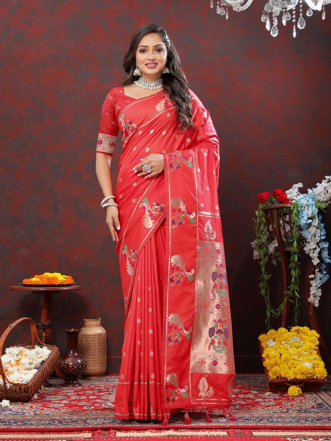 

VARNI FABRICS Woven Design Pure Silk Banarasi Saree, Red