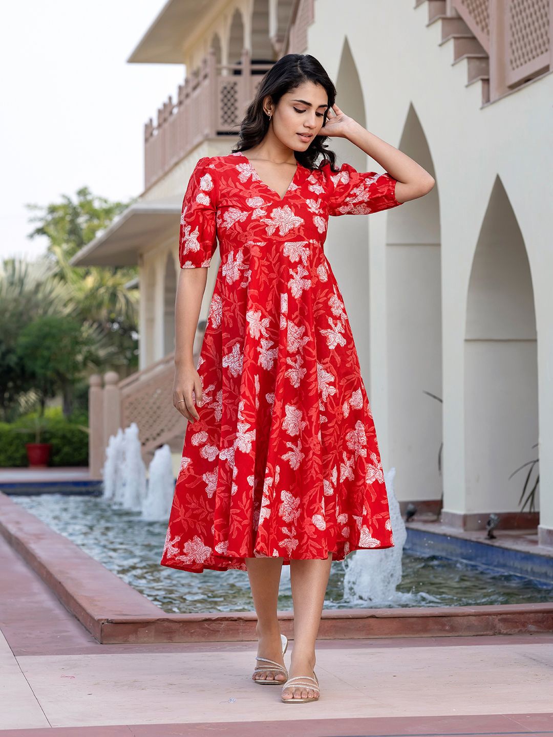 KALINI Women Pure Cotton Puff Sleeve Fit & Flare Midi Dress, Red