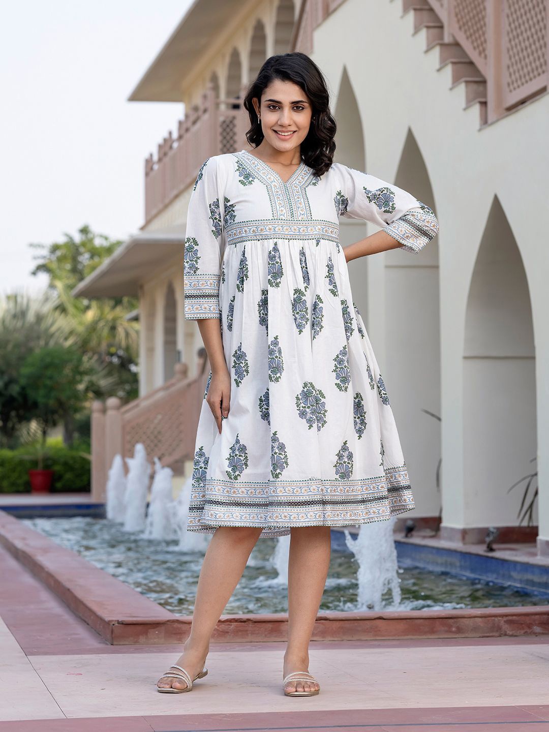 KALINI Women Floral Printed Pure Cotton A-Line Midi Dress, White