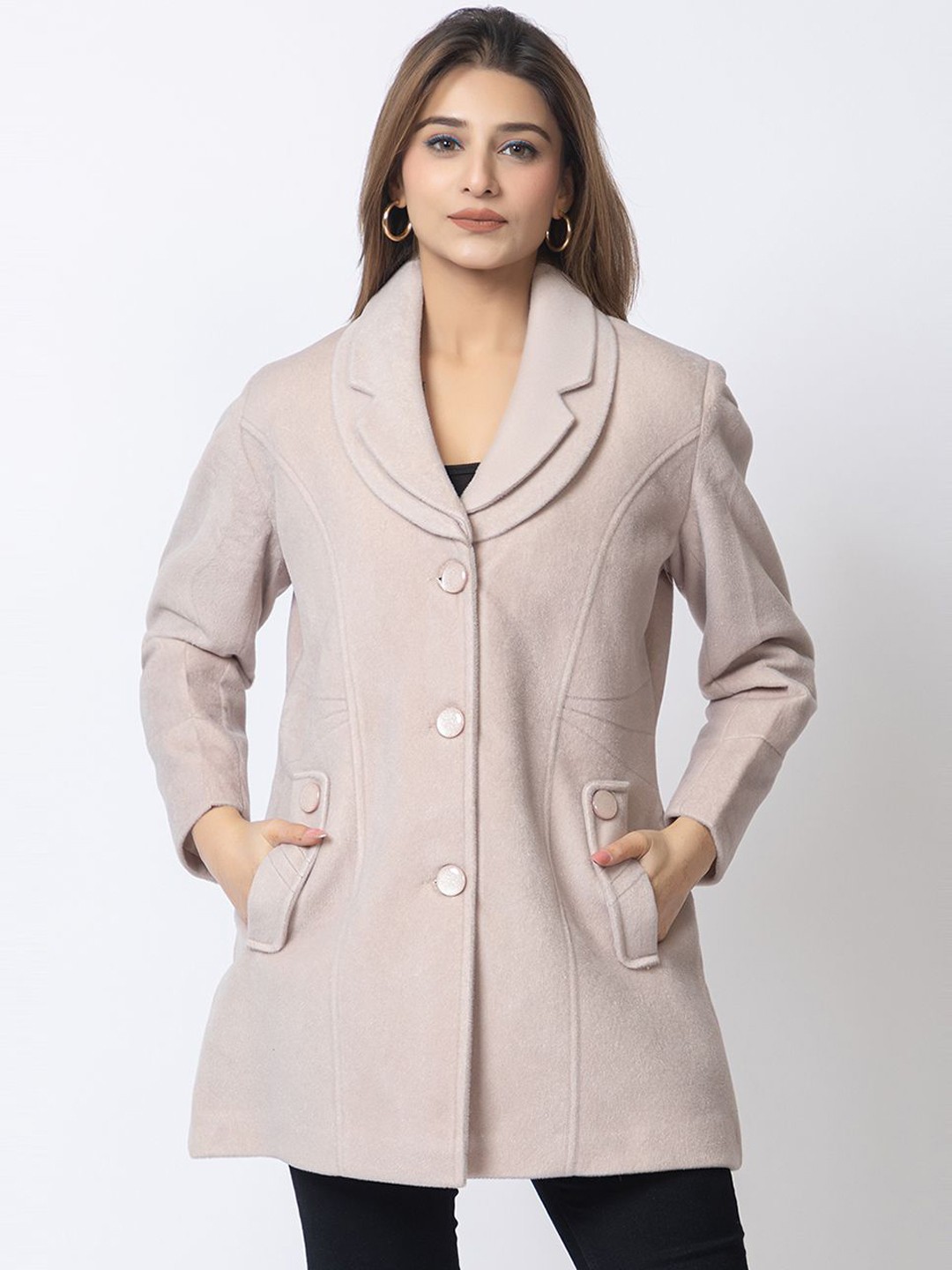 

Lady Leaf Notched Lapel Single-Breasted Overcoat, Beige