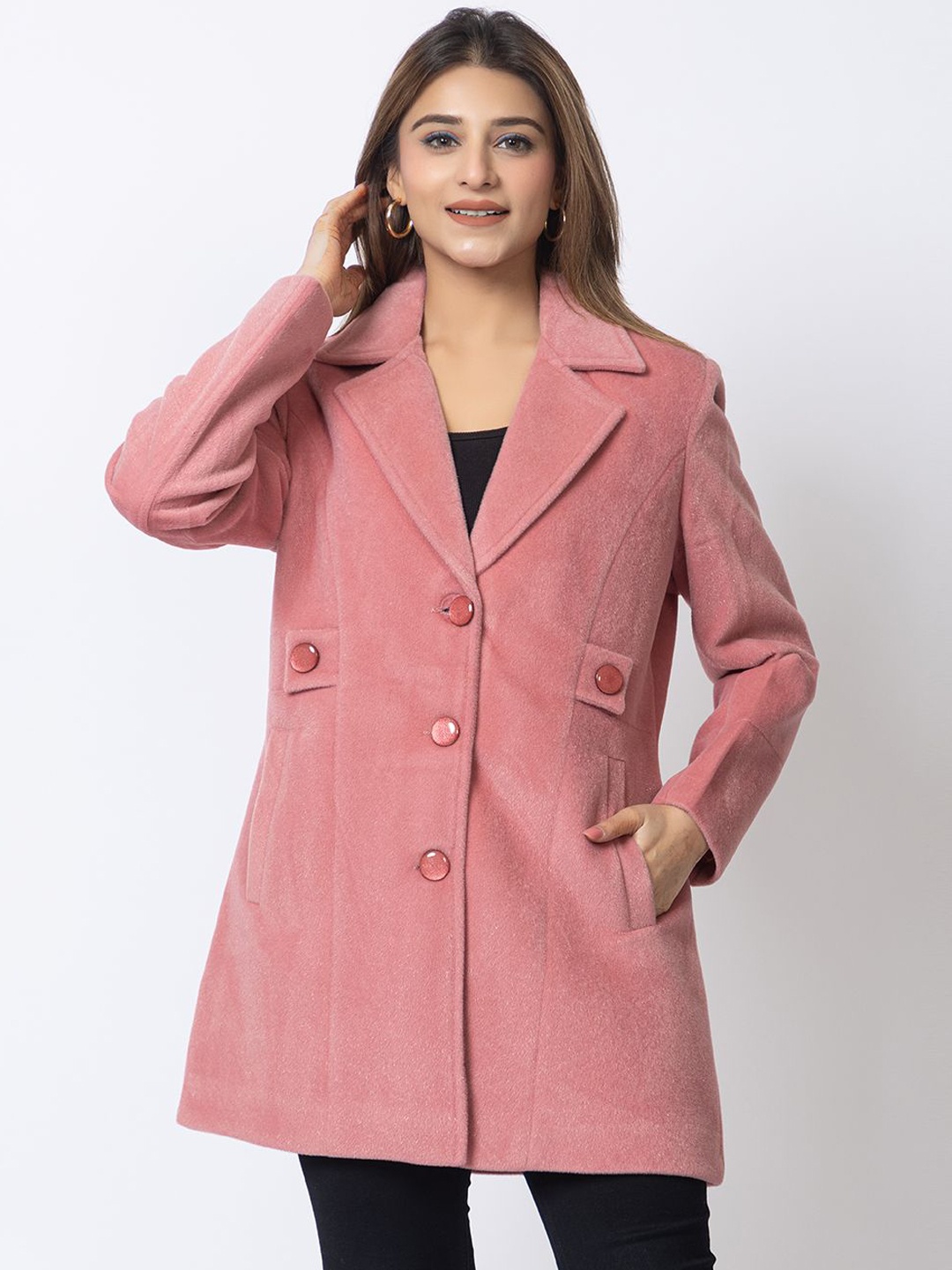 

Lady Leaf Long Sleeve Notched Lapel Collar Trench Coat, Pink