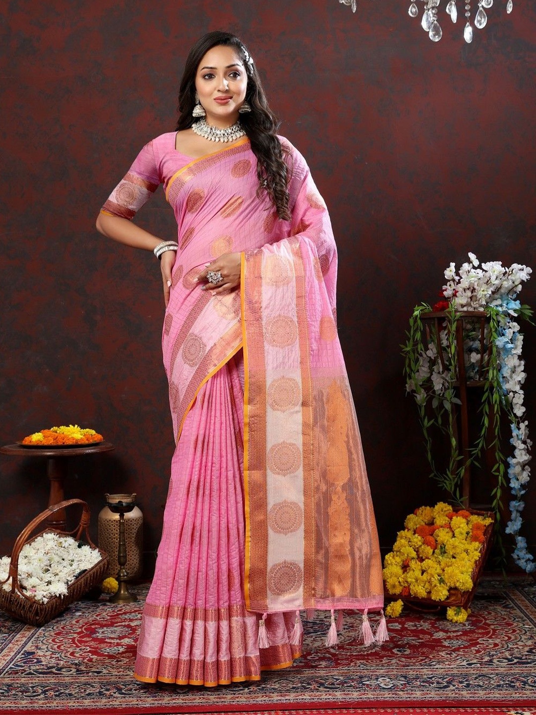 

VARNI FABRICS Ethnic Motif Pure Cotton Banarasi Saree, Pink