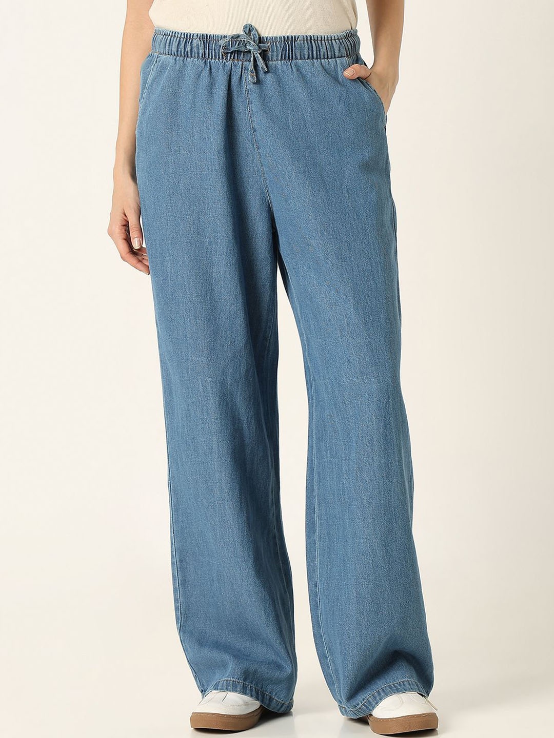 

R&B Women Cotton High-Rise Loose Fit Wide Leg Denim Trouser, Blue