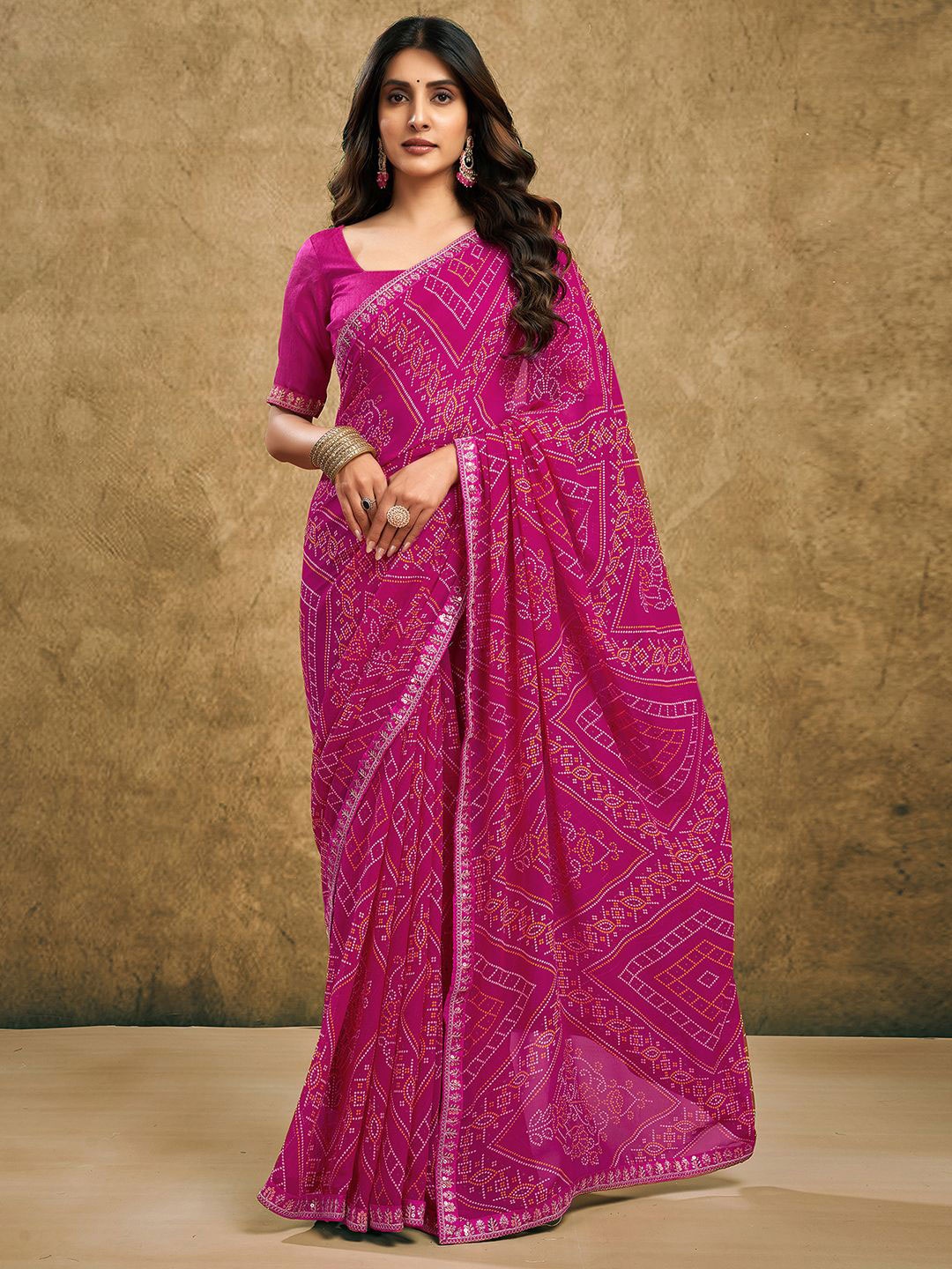 

Mitera Bandhani Embroidered Pure Georgette Bandhani Saree, Pink