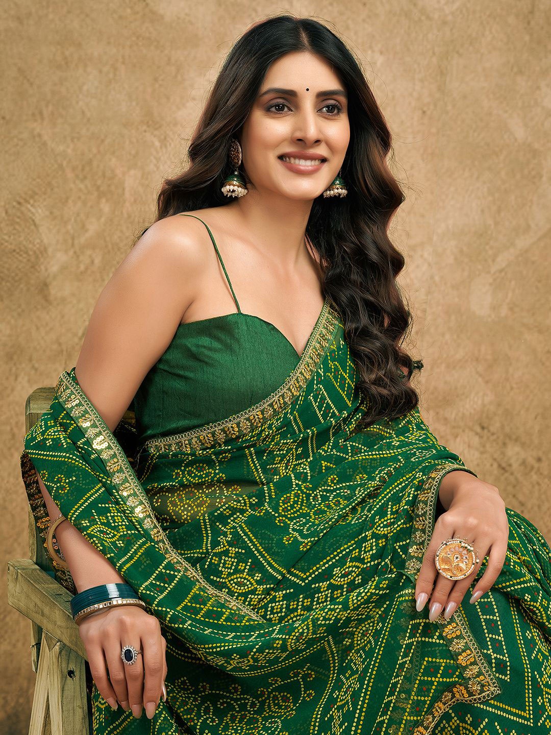 

Mitera Bandhani Printed Embroidered Pure Georgette Bandhani Saree, Green