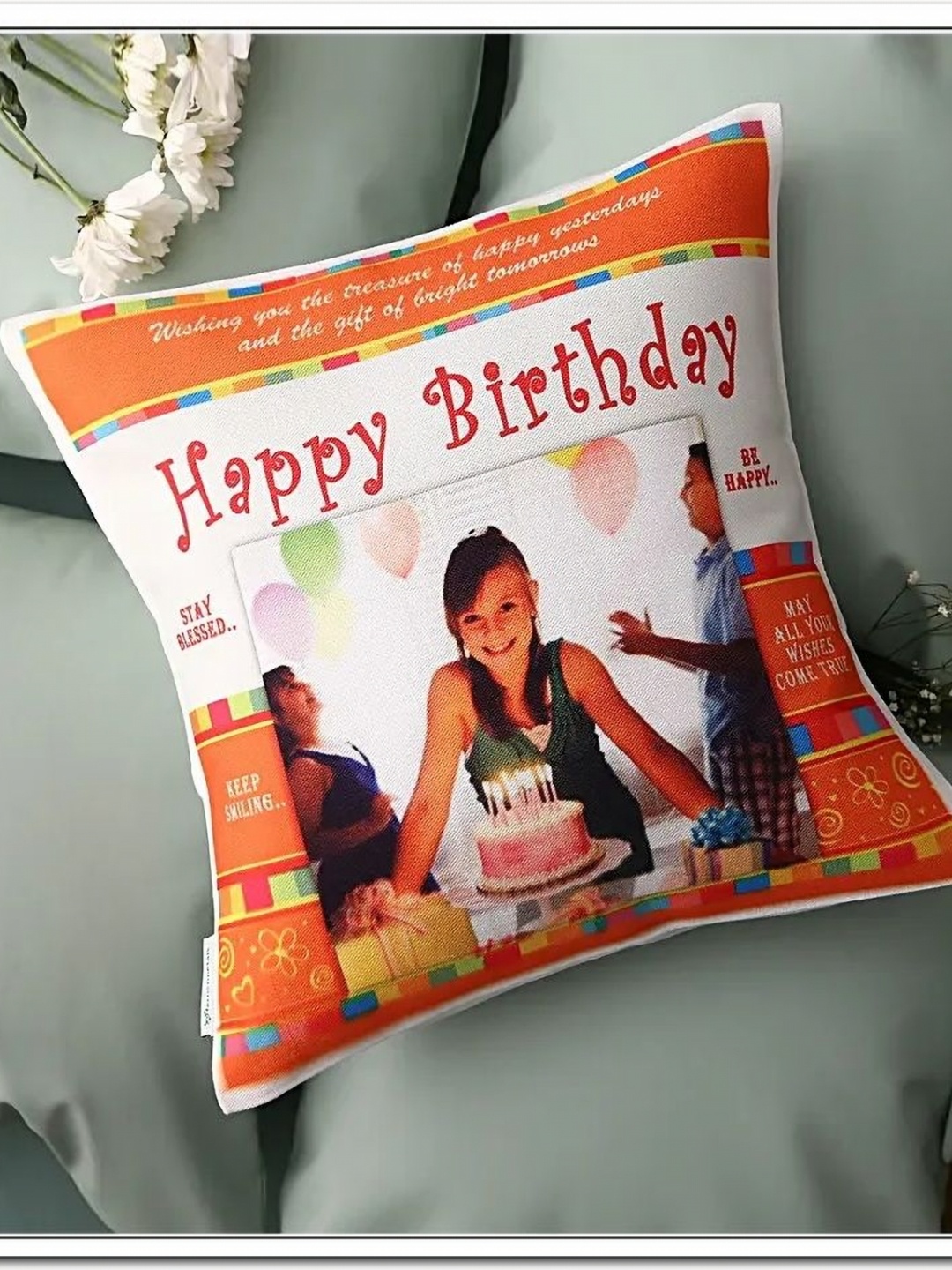 

fnp White & Orange-Color Printed Birthday Celebrations Personalised Cushion