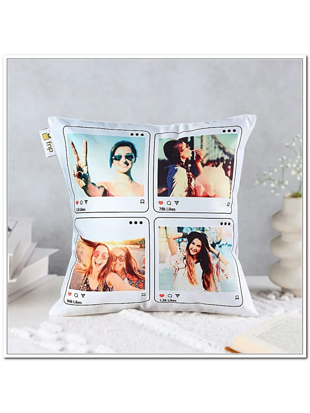 

fnp Blue & White Printed Photo Memory Cushion