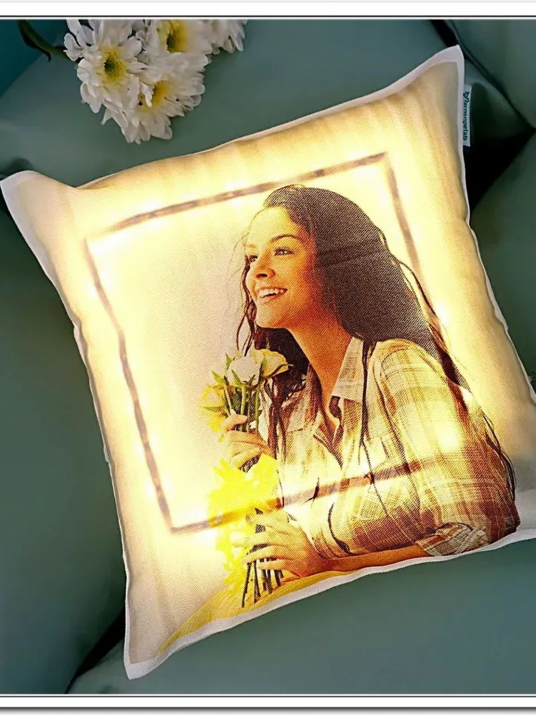 

fnp White & Yellow Printed Personalised Cool Yellow LED Cushion