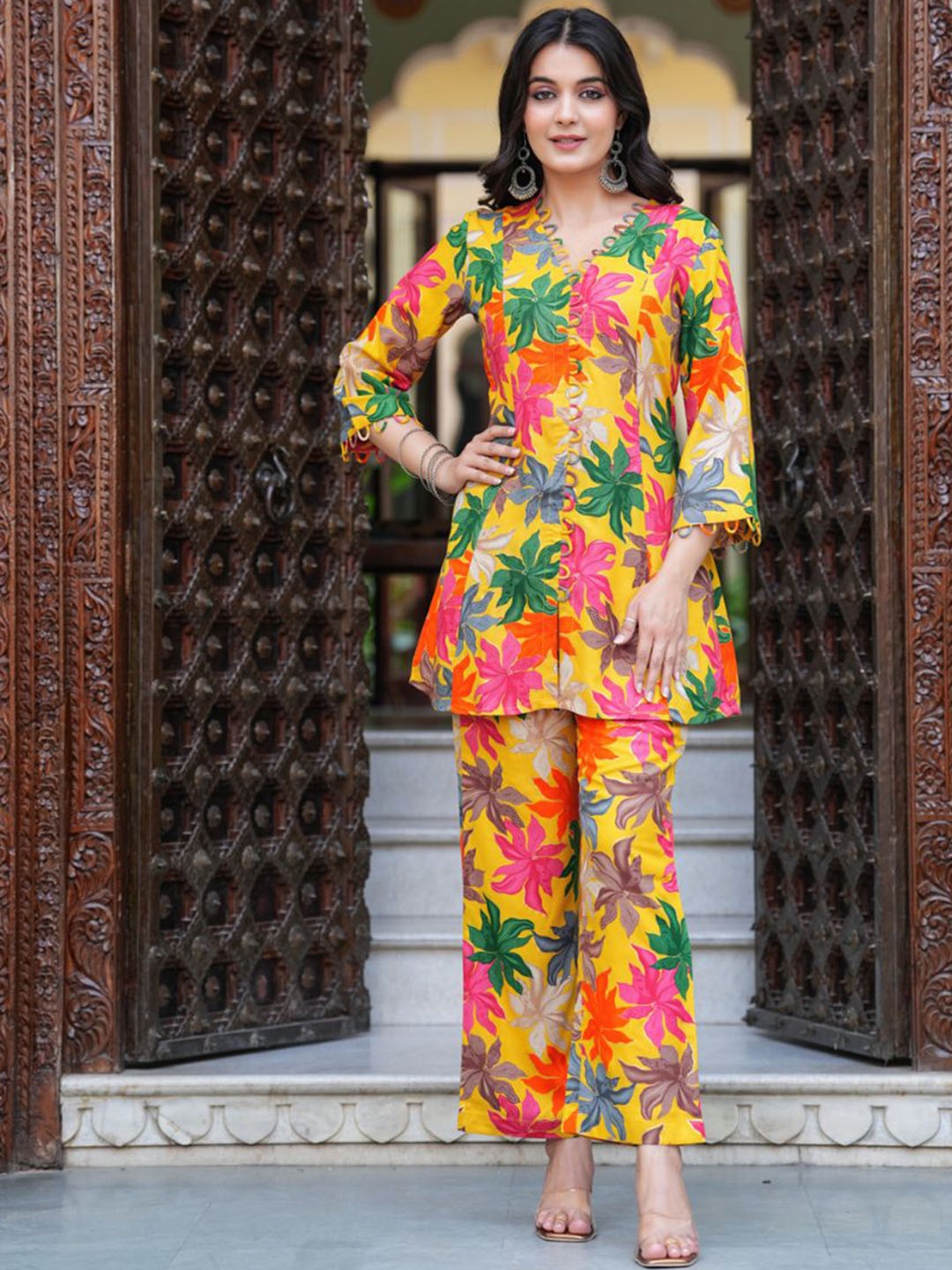 KALINI Floral Printed V-Neck Three-Quarter Sleeves Top With Trouser, Yellow