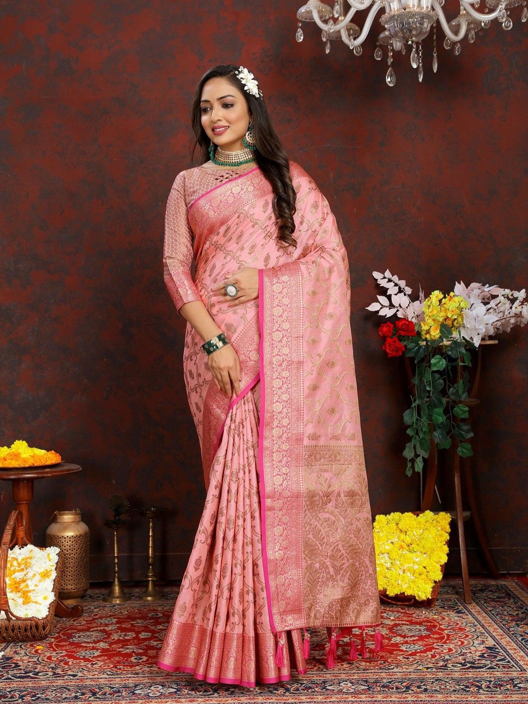 

VARNI FABRICS Ethnic Motifs Woven Design Pure Silk Banarasi Saree, Pink