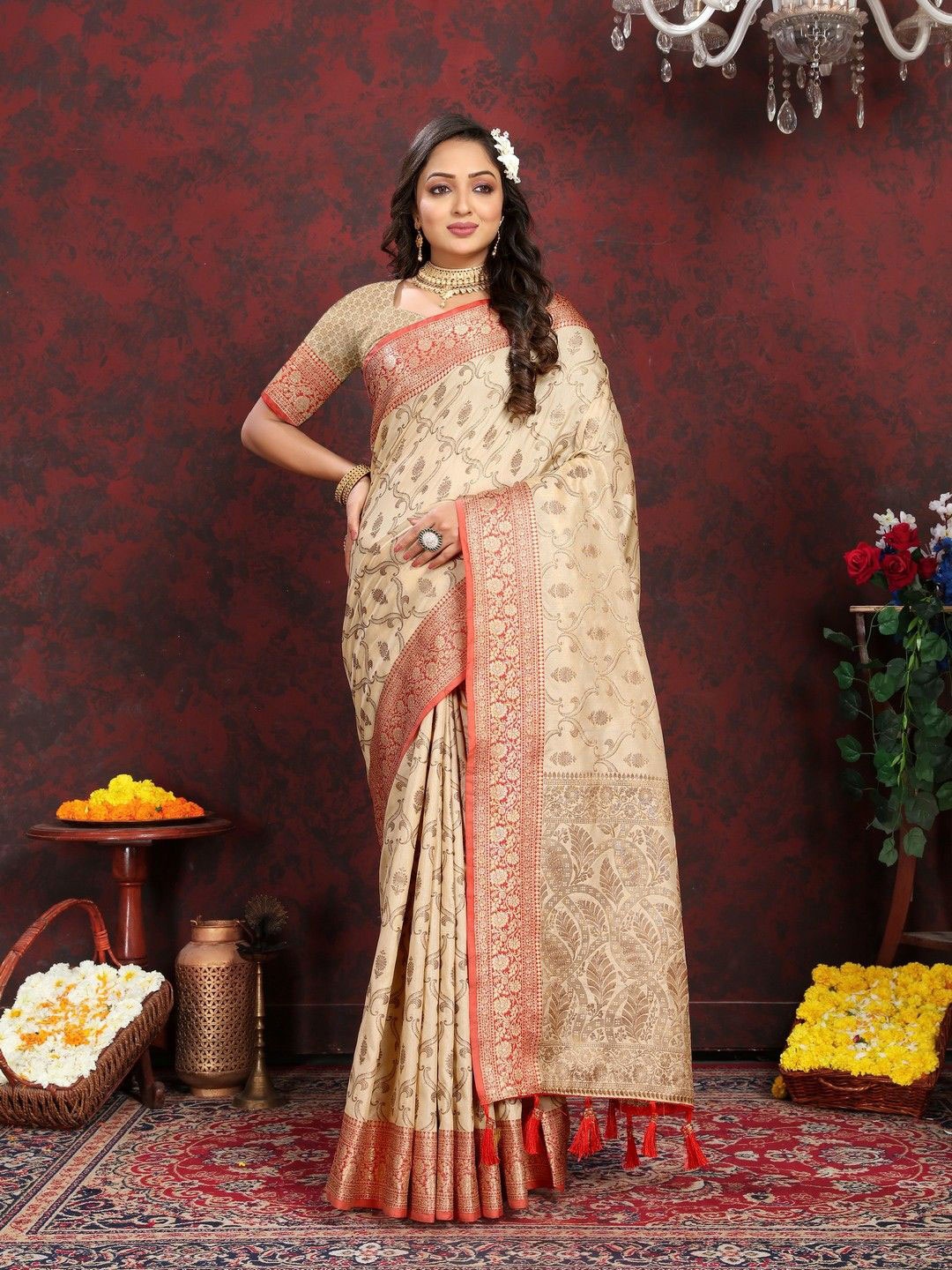 

VARNI FABRICS Woven Design Zari Pure Silk Banarasi Saree, Beige