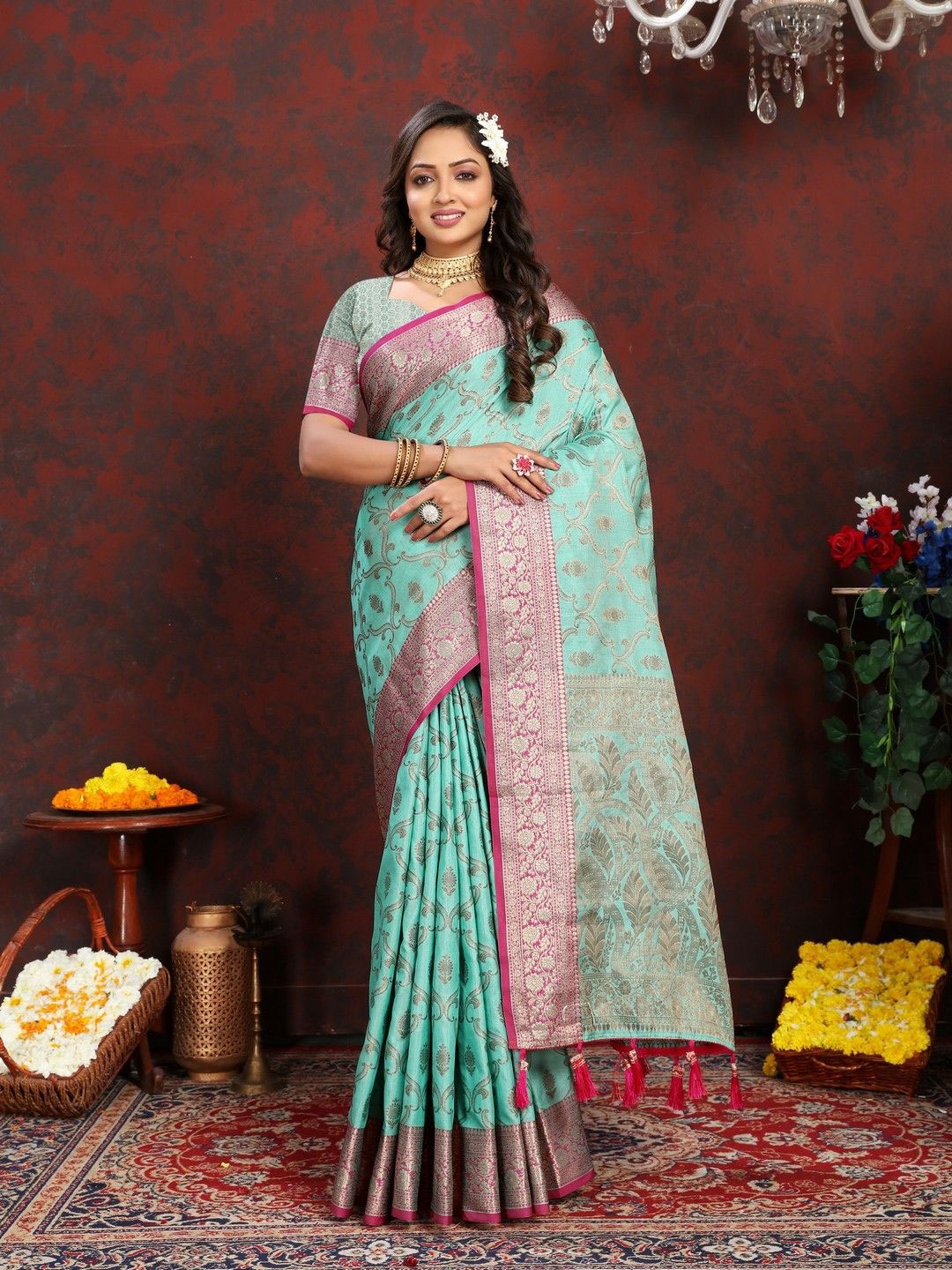 

VARNI FABRICS Ethnic Motifs Pure Silk Banarasi Saree, Blue