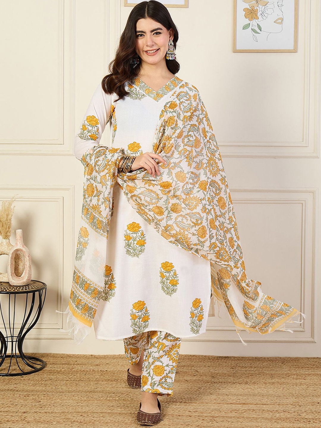 

KALINI V-Neck Floral Printed Straight Kurta with Trouser & Dupatta, White