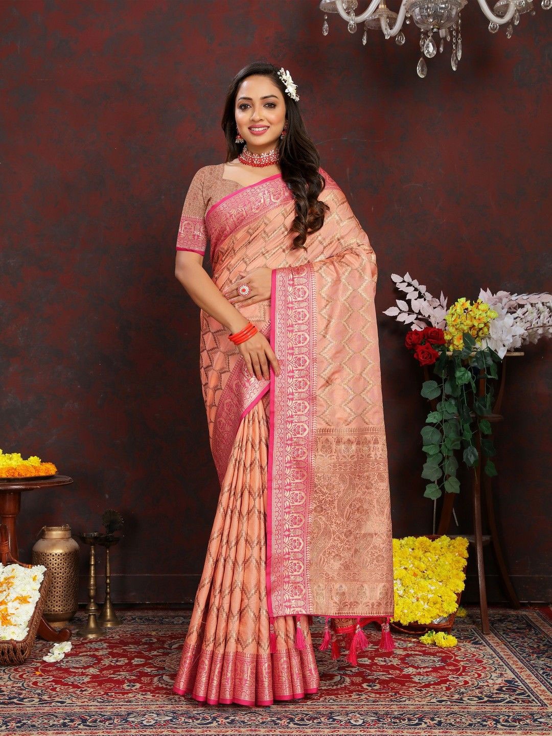 VARNI FABRICS Woven Design Zari Pure Silk Banarasi Saree, Orange