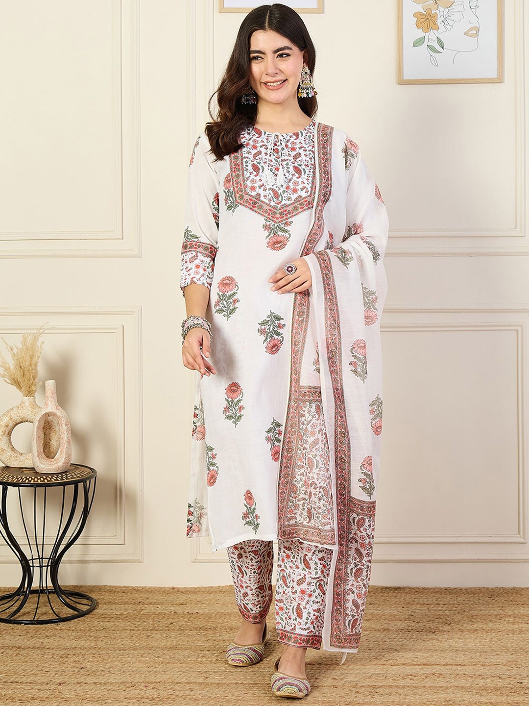 

KALINI Tie-Up Neck Floral Printed Straight Kurta with Trousers & Dupatta, White