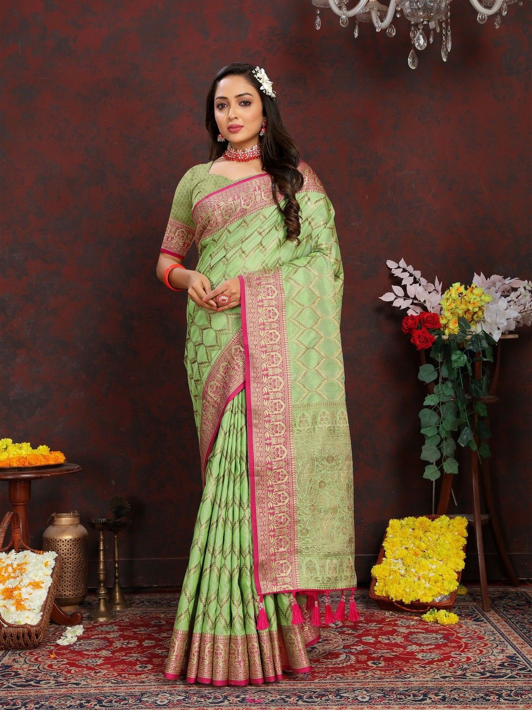 

VARNI FABRICS Woven Design Zari Pure Silk Banarasi Saree, Green